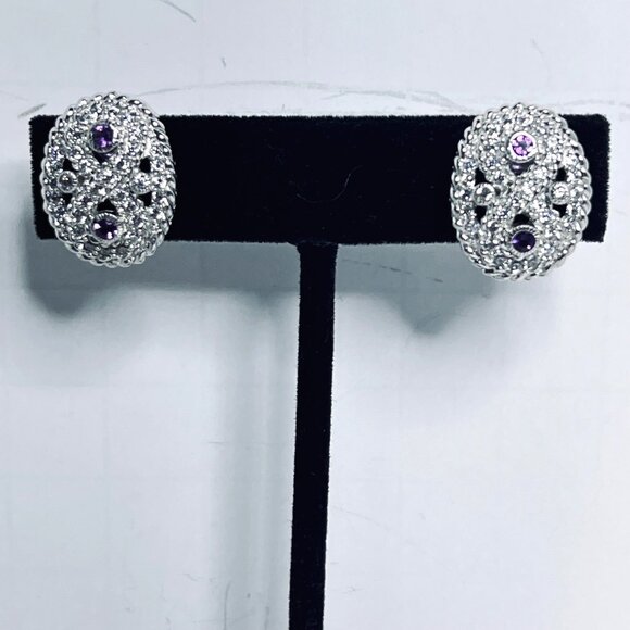 Judith Ripka Oval Sterling Silver, CZ And Amethyst Clip On Earrings (5984) - Picture 2 of 6